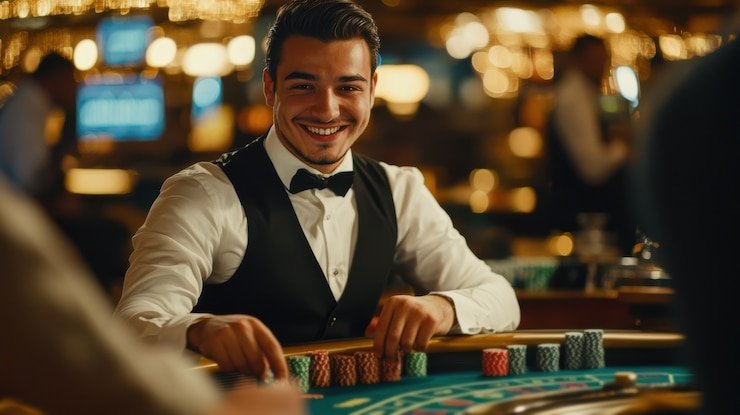 Meja live dealer kasino dengan dealer wanita berseragam merah dan kartu di atas kain hijau, streaming video langsung