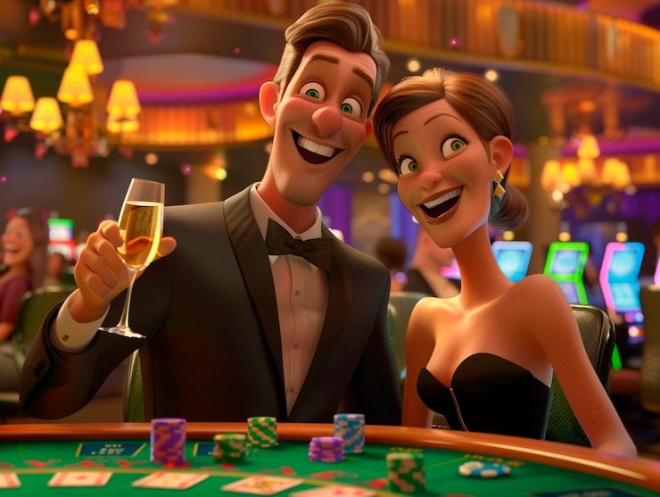 Meja live dealer demo blackjack dengan kartu animasi dan tombol hit/stand untuk pemain